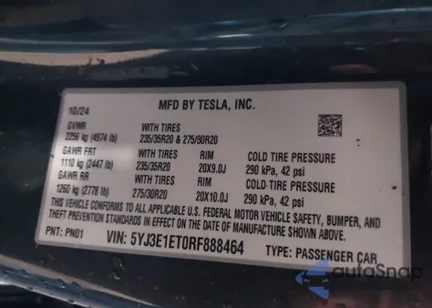2024 Tesla Model 3 Performance All-Wheel Drive z USA, uszkodzony, nr VIN 5YJ3E1ET0RF888464